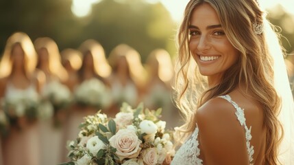 A radiant bride with a beautiful smile holds a bouquet of flowers while standing in a sunlit outdoor wedding setting, capturing joy and elegance on her special day.