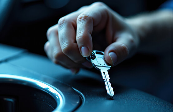 Close-up of a hand holding a car key near a vehicle's ignition or dashboard