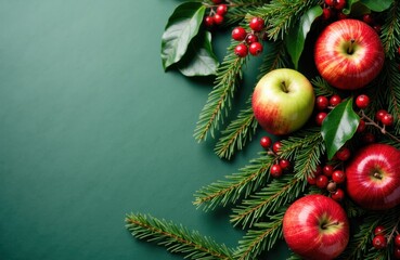 Festive Christmas apples and greenery arranged on a green background for holiday decoration