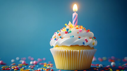 Cupcake with a lit candle on top with Copy space Birthday Party Background AI Generated