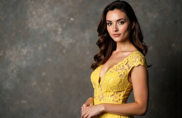 Fototapeta premium Elegant woman in a yellow lace dress poses against a textured gray background