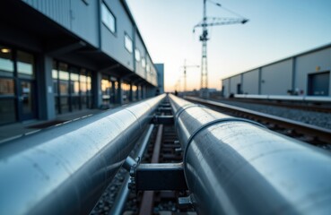 Industrial pipelines run parallel outside a modern building under construction with cranes in the background