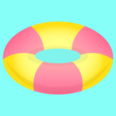 Swimming ring with pink and yellow stripes on blue background, vector illustration.