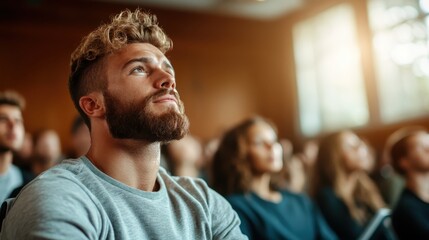 Fototapeta premium A young man sits absorbed in thought during a lecture, embodying curiosity and engagement while surrounded by a group of attentive listeners in an academic environment.