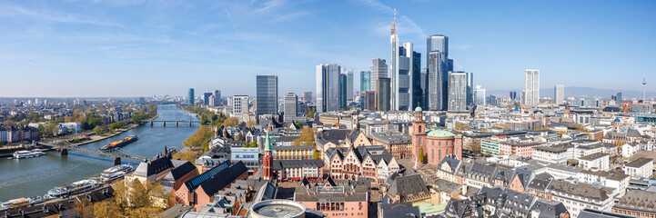 Frankfurt skyline skyscrapers in city center with the Römer and Main river from above panorama in Frankfurt, Germany