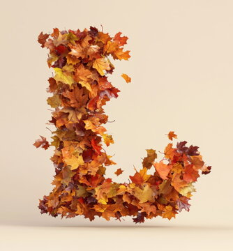 The letter "L" is made of falling autumn leaves