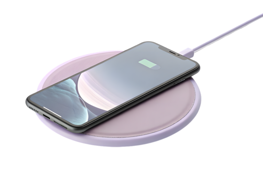 Modern smartphone charging on wireless charger with minimalist design and purple tones
