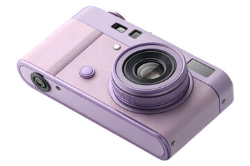 Stylish modern digital camera in soft pastel purple color isolated on black background