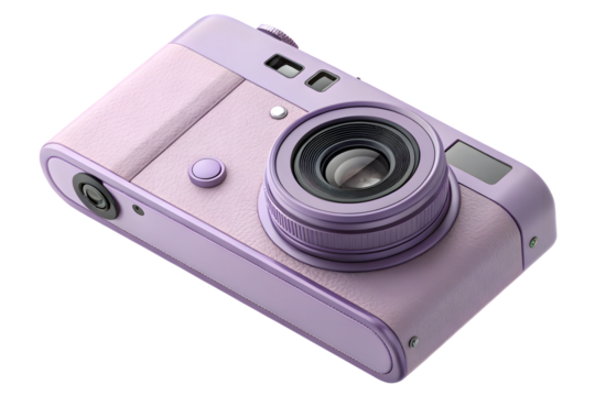 Stylish modern digital camera in soft pastel purple color isolated on black background