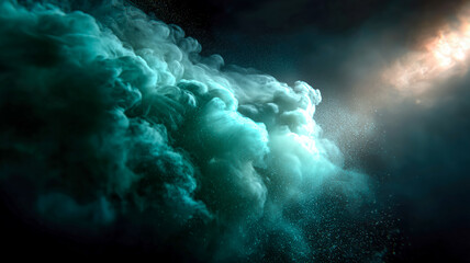 Obraz premium An atmospheric backdrop of turquoise clouds in a dark space, partially illuminated by a diffuse golden light from the upper right.