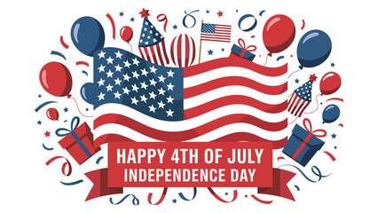 happy 4th of july independence day celebration with american flag, balloons, fireworks, stars, and gift boxes in red white and blue