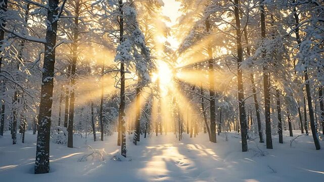 Sun rays through snow-covered trees in a serene winter forest landscape