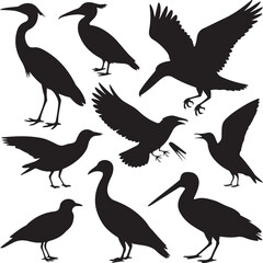 Naklejka premium Pelican Standing on Pier SilhouetteFlying Pelican Over Water Vector DesignPelican with Open Beak Silhouette ArtCoastal Pelican Resting Scene VectorPelican in Flight Silhouette Illustration