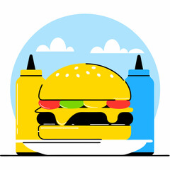 Burger icon with condiments and flat blue sky