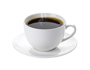 Hot black coffee in white cup and saucer isolated on transparent background