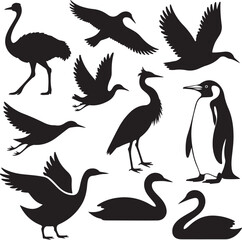 Naklejka premium Pelican Standing on Pier SilhouetteFlying Pelican Over Water Vector DesignPelican with Open Beak Silhouette ArtCoastal Pelican Resting Scene VectorPelican in Flight Silhouette Illustration