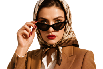 Elegant woman wearing headscarf and black sunglasses in vintage fashion style