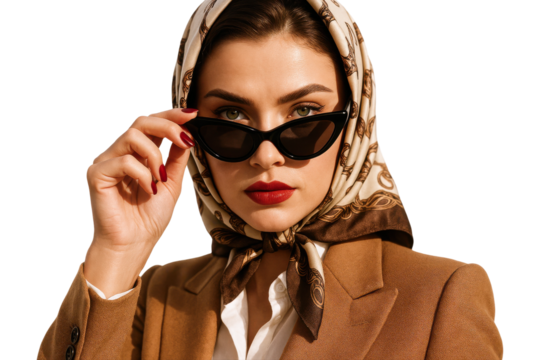 Elegant woman wearing headscarf and black sunglasses in vintage fashion style - Powered by Adobe