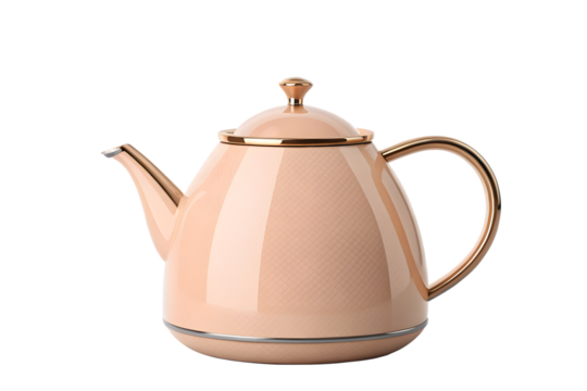 Elegant peach colored teapot with golden accents isolated on black background close up