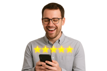 Happy man leaving five-star review on phone with glowing yellow stars, isolated on transparent background