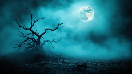 A hauntingly beautiful landscape features a bare tree in a misty atmosphere under a full moon, creating an eerie yet captivating scene symbolizing mystery and solitude.