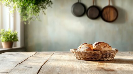 This image showcases a basket filled with deliciously baked bread on a wooden table, illuminated by soft natural light, creating a warm and inviting atmosphere.