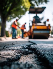 Cracked asphalt road with blurry workers and a road roller in the background