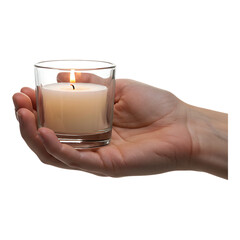 Open hand offering glowing candle in glass jar, used in wellness rituals, meditation, and cozy indoor moments