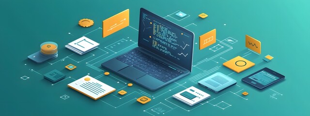 Isometric View of Interconnected Digital Devices and Data Stream