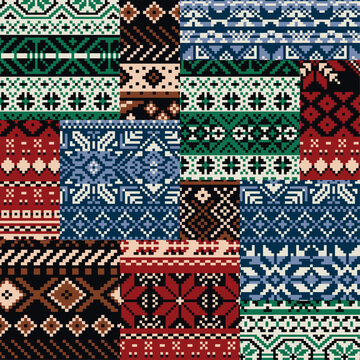Norwegian traditional knitted snow flakes jacquard patchwork abstract winter textile vector seamless pattern for shirt sweater fabric wallpaper tablecloth pillow carpet
