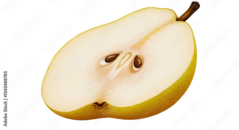 Poster a realistic illustration of a sliced pear with seeds on a black background