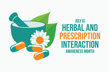 July is Herbal and Prescription Interaction Awareness Month poster vector illustration. Pharmacy mortar and pestle, herbs and medical capsule vector. Template for background, banner, card