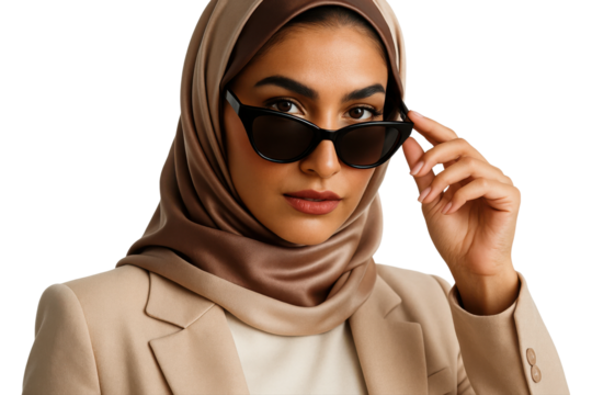 Confident woman in taupe hijab and sunglasses wearing beige blazer, isolated on transparent background - Powered by Adobe