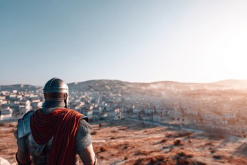 A Roman soldier in armor and red cape overlooks an ancient cityscape
