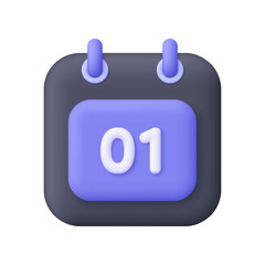 Black purple calendar with 1th day of the month. Time management, planning, deadline and event schedule concept. 3d vector icon. Cartoon minimal style.