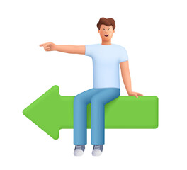 Young smiling man James sitting on a large green arrow signboard and pointing left direction. Business decision, work direction and leadership. 3d vector people character. Cartoon minimal style.