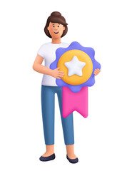 Young smiling woman Jane holding a large medal with star and ribbon. Leadership, reward, achievement, success and winning concept. 3d vector people character. Cartoon minimal style.