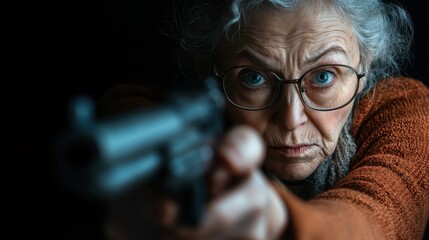A fiercely determined elderly woman aims a gun with intensity, showcasing strength and resilience in a striking portrait that challenges stereotypes and gender roles.