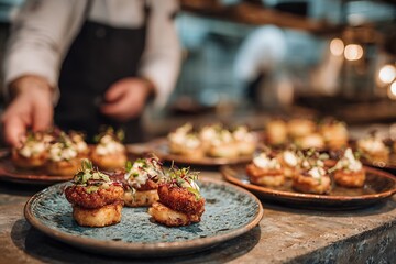 Spanish food selection a tapas competition setting chef presenting plated bites with garnishes modern kitchen background