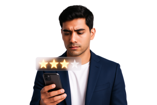Man in navy blazer giving four-star product review on smartphone, isolated on transparent background
