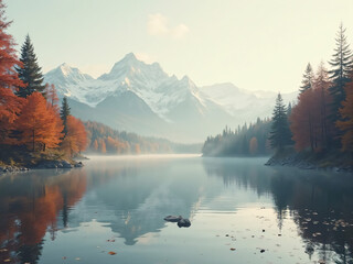 "Serene lake reflecting autumn trees and snowcapped peaks"