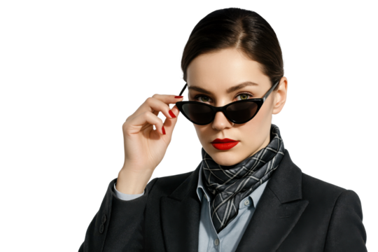 Confident woman in black blazer wearing scarf and sunglasses with red lipstick, isolated on transparent background - Powered by Adobe