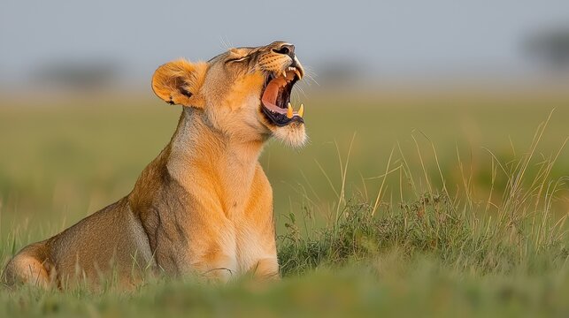 Lioness yawning in tall grass at dawn - Powered by Adobe