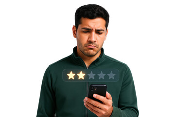Serious man in green jacket giving two-star review on smartphone, PNG