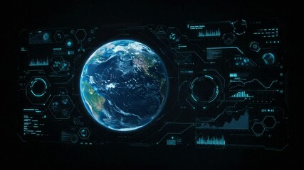 A futuristic interface displays planet earth, with glowing data visualizations and a dark, starry background. - Powered by Adobe