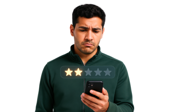 Serious man in green jacket giving two-star review on smartphone, PNG