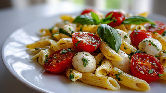 Vibrant Summer Pasta Salad with Cherry Tomatoes, Mozzarella, and fragrant fresh basil leaves, all lightly tossed to create a perfect healthy and refreshing meal or side dish for picnics and barbecues.