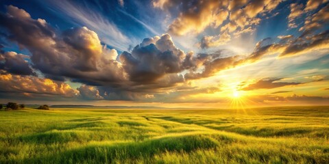 Golden Hour Serenity A Vast Meadow Basking in the Warm Glow of a Sunset, Dramatic Clouds Painting the Sky with Vibrant Hues