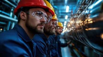A team of workers in hard hats and safety gear focus on their tasks in a factory setting, reflecting professionalism and commitment to industrial safety standards.
