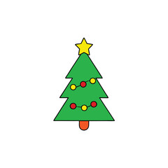 a green tree with red bead garlands and shiny yell